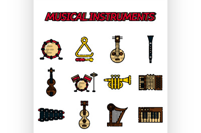 Musical instruments flat icon set