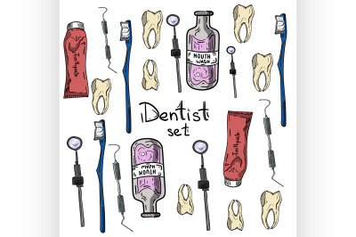 Set of Dentist with different dental equipment