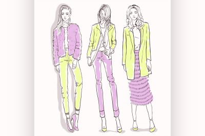 Set with color scetch of trendy girls