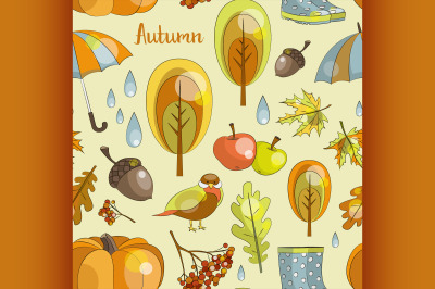 Autumn icon and objects pattern set