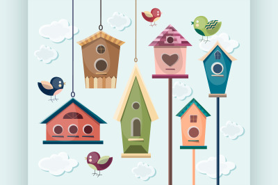 Collection of colorful birds and birdhouses