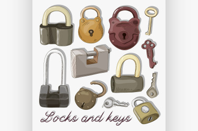 Doodled set of Different Locks and Keys