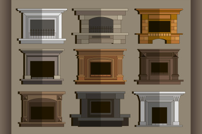 Set of vector fireplace icons and fireplace design