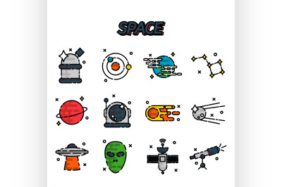 Space flat icons set