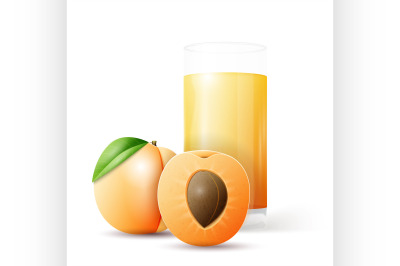 Whole and half apricot and glass of juice