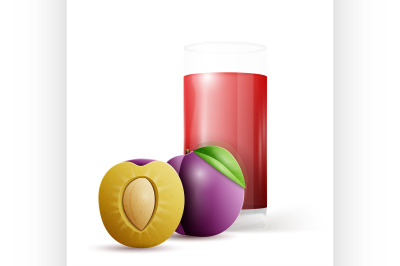 Whole and half plum and glass of juice