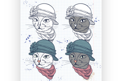 Vector color set of elegant cat women face