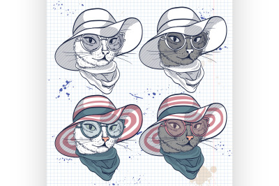 Vector color set of elegant cat women face