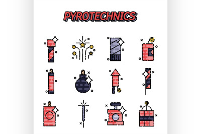 Pyrotechnics flat icons set