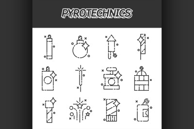 Pyrotechnics flat icons set