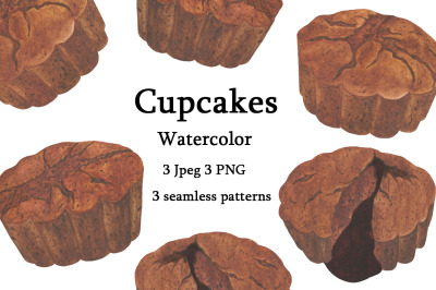 Watercolor cupcakes set illustration