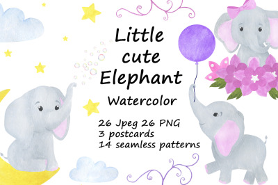Set of illustrations of a cute little watercolor elephant