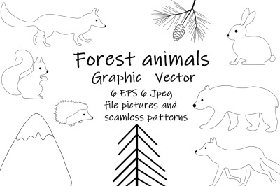 Set of illustrations Animals forest graphics vector