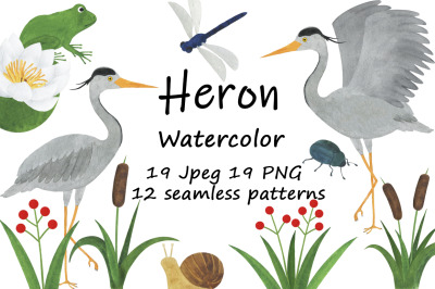 Set of heron watercolor illustrations