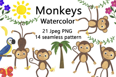Set of watercolor monkey illustrations.