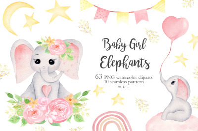 Watercolor Baby Girl Elephants Collection