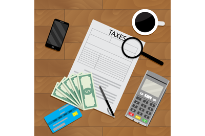 Business table with coffee and tax form