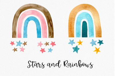 Watercolor Rainbow and Stars Clipart and Seamless Pattern