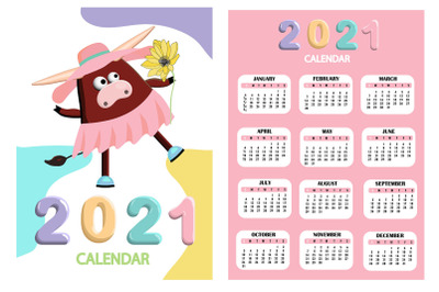 Calendar 2021. Cute design. Symbol of the year bull or ox. Just print