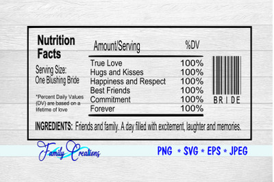 One Blushing Bride Nutrition Label