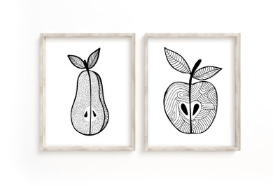 Apple and pear printable. Fruits monochrome print.