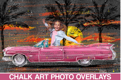 Car chalk art overlay, sidewalk old car, chalk art car illustration