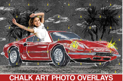 Car chalk art overlay, sidewalk old car, chalk art car illustration