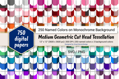 Geometric Cat Head Tessellation Digital Paper - 250 Colors on BG