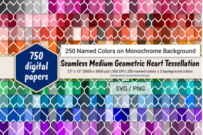 Seamless Geometric Heart Tessellation Digital Paper - 250 colors on BG