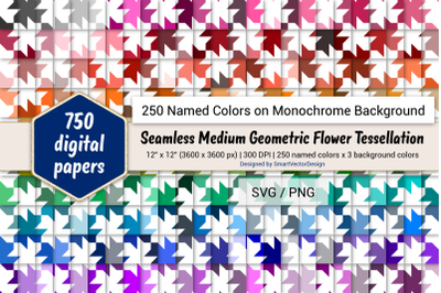 Seamless Geometric Flower Tessellation Digital Paper-250 Colors on BG