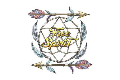 Indian Arrows and Dream Catcher with Wording Free Spirit Tattoo