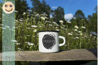 White campfire enamel mug mockup with daisy field