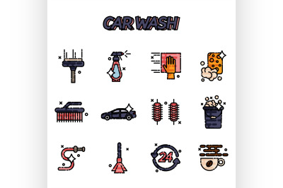 Car wash flat icons set