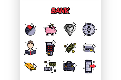 Bank flat icons set