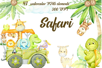 Safari Watercolor Clipart. Elephant, giraffe, crocodile, sloth, monkey