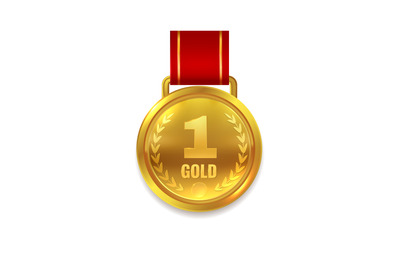 Winner gold medal. Prize with red ribbon for certificate or first plac