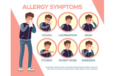 Allergy symptoms. Healthcare problems sickness symptom. Cough, itchy a