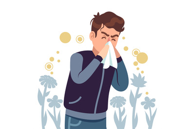 Sneezing man. Spring allergy, symptom sickness runny, itchy and sneeze