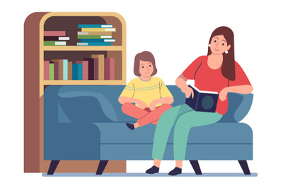 Mother reading to kid. Mom reading bedtime story book preparing child