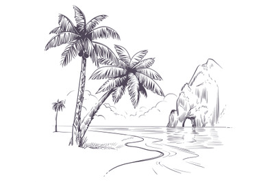 Palm tree landscape. Sketch tropical palms ocean coast, exotic island