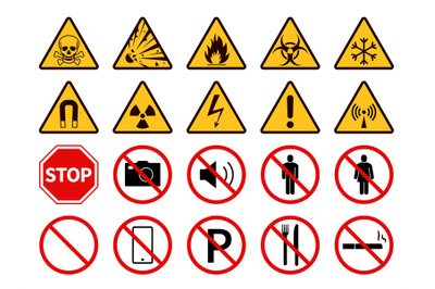 Prohibition and warning signs. Public safety, caution. Attention, forb