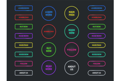 Web buttons. Neon glowing navigation button. Buy, now and learn, more.