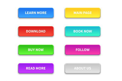 Ui buttons. Colored trendy flat button. Buy, now and learn, more. Down