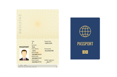 Passport template. Closed and open document for travel and immigration