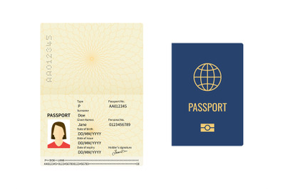 International passport template. Closed and open document for travel,