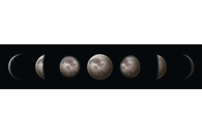 Moon phases. Earth satellite surface crescent on black starry sky. Lun