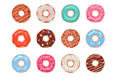 Donuts. Doughnuts in colorful glaze, kids sweets assorted, pastry for