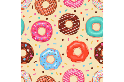 Donuts seamless pattern. Colored doughnuts assorted, american sweet fo