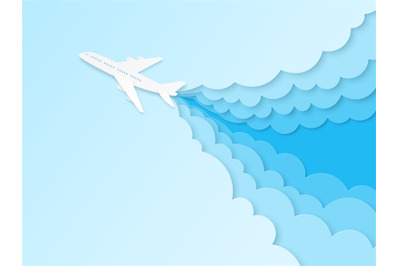 Airplane in blue sky. Flight plane in origami style, aviation tourism.