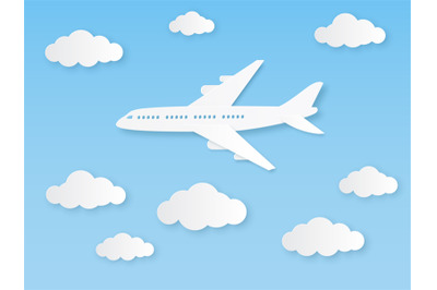 Aircraft in blue sky. Flight airplane and white clouds in origami styl